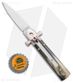 AGA 6" Lever Lock Automatic Italian Knife Horn W/Cross Bolsters (2.5" Satin) 9 AGA 6" Lever Lock Automatic Italian Knife Horn W/Cross Bolsters (2.5" Satin) -Sharp Knives World AGA 6in LL Horn Auto Cross Bolsters Satin BHQ 177246 jr bottlecap