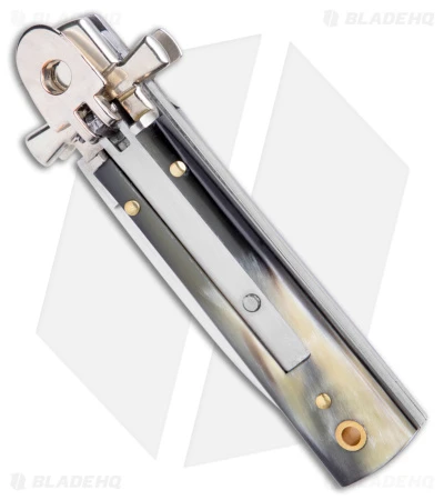 AGA 6" Lever Lock Automatic Italian Knife Horn W/Cross Bolsters (2.5" Satin) 4 AGA 6" Lever Lock Automatic Italian Knife Horn W/Cross Bolsters (2.5" Satin) - Image 2