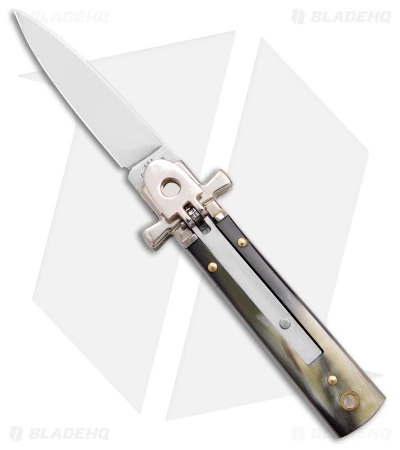 AGA 6" Lever Lock Automatic Italian Knife Horn W/Cross Bolsters (2.5" Satin) 3 AGA 6" Lever Lock Automatic Italian Knife Horn W/Cross Bolsters (2.5" Satin)