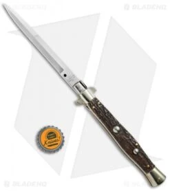 AGA Campolin 11" Picklock Automatic Italian Stiletto Stag Horn (5"Satin) 2018 -Sharp Knives World AGA Campolin 11in picklock Stilletto Stag Horn BHQ 67468 jr bottlecap 2