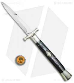 AGA Campolin 13" Bat Swinguard Automatic Ebony/Abalone (5.75" Satin Bayo) -Sharp Knives World AGA Campolin 13in Bat Swinguard Ebony Abalone Satin Bayo BHQ 77549 jr bottlecap