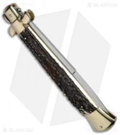 AGA Campolin 15" Auto Italian Stiletto Knife Stag Horn/Brass (7" Satin Bayo) -Sharp Knives World AGA Campolin 15in Stiletto Stag Horn Brass Bayo BHQ 51321 jr side
