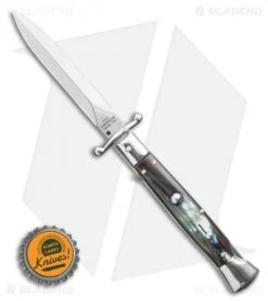 AGA Campolin 9" Swinguard Automatic Knife Brazilian Horn (5.75" Satin Dagger) 9 AGA Campolin 9" Swinguard Automatic Knife Brazilian Horn (5.75" Satin Dagger) -Sharp Knives World AGA Campolin 9 Swinguard Automatic Knife Brazilian Horn 5.75 Satin Dagger BHQ 121424 LS Bottlecap