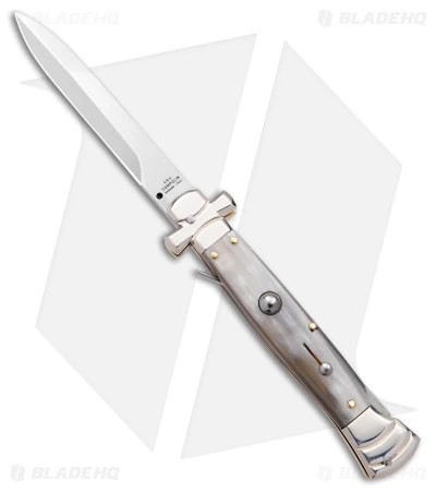 AGA Campolin 9" Maltese Cross Stiletto Automatic Knife Horn (4" Satin Bayo) 3 AGA Campolin 9" Maltese Cross Stiletto Automatic Knife Horn (4" Satin Bayo)