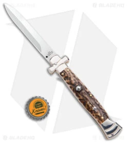 AGA Campolin 9" Maltese Cross Stiletto Automatic Knife Stag Horn (4" Polish) 9 AGA Campolin 9" Maltese Cross Stiletto Automatic Knife Stag Horn (4" Polish) -Sharp Knives World AGA Campolin 9in Maltese Cross Stiletto Auto Stag Horn Bayo BHQ 50662 jr bottlecap