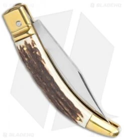 AGA Campolin Diana Lever Lock Automatic Brass Stag Horn (3.75" Satin) -Sharp Knives World AGA Campolin Diana LL Auto Brass Stag Horn Satin BHQ 135442 jr side