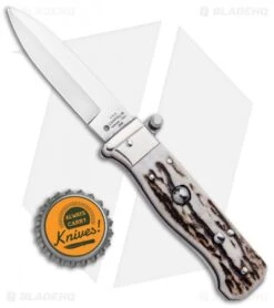 AGA Campolin Piccolo Italian Stiletto Automatic Knife Stag (2.8" Satin) -Sharp Knives World AGA Campolin Piccolo Italian Stiletto Auto Stag Satin BHQ 94619 jr bottlecap