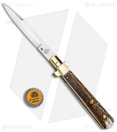AGA Campolin 11" Frosolone Bayonet Stiletto Auto Knife Stag/Brass (5" Satin) 7 AGA Campolin 11" Frosolone Bayonet Stiletto Auto Knife Stag/Brass (5" Satin) - Image 5