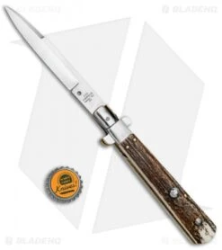 AGA Campolin 11" Frosolone Bayonet Stiletto Automatic Knife Stag (5" Satin) -Sharp Knives World AGA Frosolone Stag Nickel 11in Bayo BP 29296 jr bottlecap