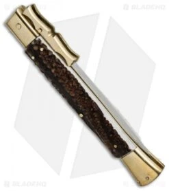 AGA Campolin 13" Bat Swinguard Automatic Knife Brass/Stag Horn (5.75" Dagger) -Sharp Knives World aga 13in bat swing brass stag dagger side cm