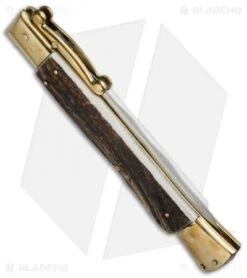 AGA Campolin 13" Swinguard Automatic Knife Brass/Stag Horn (5.75" Satin Kriss) 8 AGA Campolin 13" Swinguard Automatic Knife Brass/Stag Horn (5.75" Satin Kriss) -Sharp Knives World aga 13in swing stag kriss brass side cm
