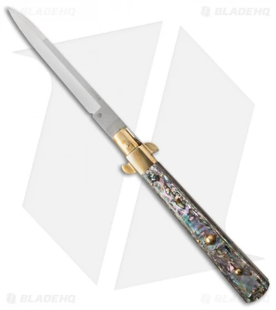 AGA Campolin 13" Italian Frosolone Automatic Knife Brass/Abalone (Bayonet) 3 AGA Campolin 13" Italian Frosolone Automatic Knife Brass/Abalone (Bayonet)