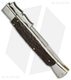 AGA Campolin 13" Bat Swinguard Automatic Knife Stag Horn (5.75" Satin Bayo) -Sharp Knives World aga campolin 13in bat swinguard stag side cm