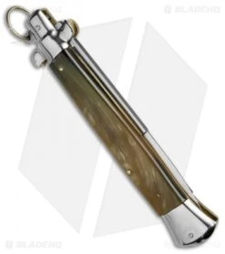 AGA Campolin 15" Ring Pull Automatic Italian Stiletto Honey Horn (7" Satin Bayo) -Sharp Knives World aga campolin stilleto 15in honey horn bayo pull ring BP 5029 dl side