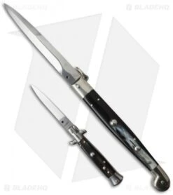 AGA Campolin 12" Sicilian Ring Pull Automatic Knife Dark Horn (5.5" Satin Bayo) -Sharp Knives World ltd sicilian ring dark bayo 6in dark horn stiletto flat sizes